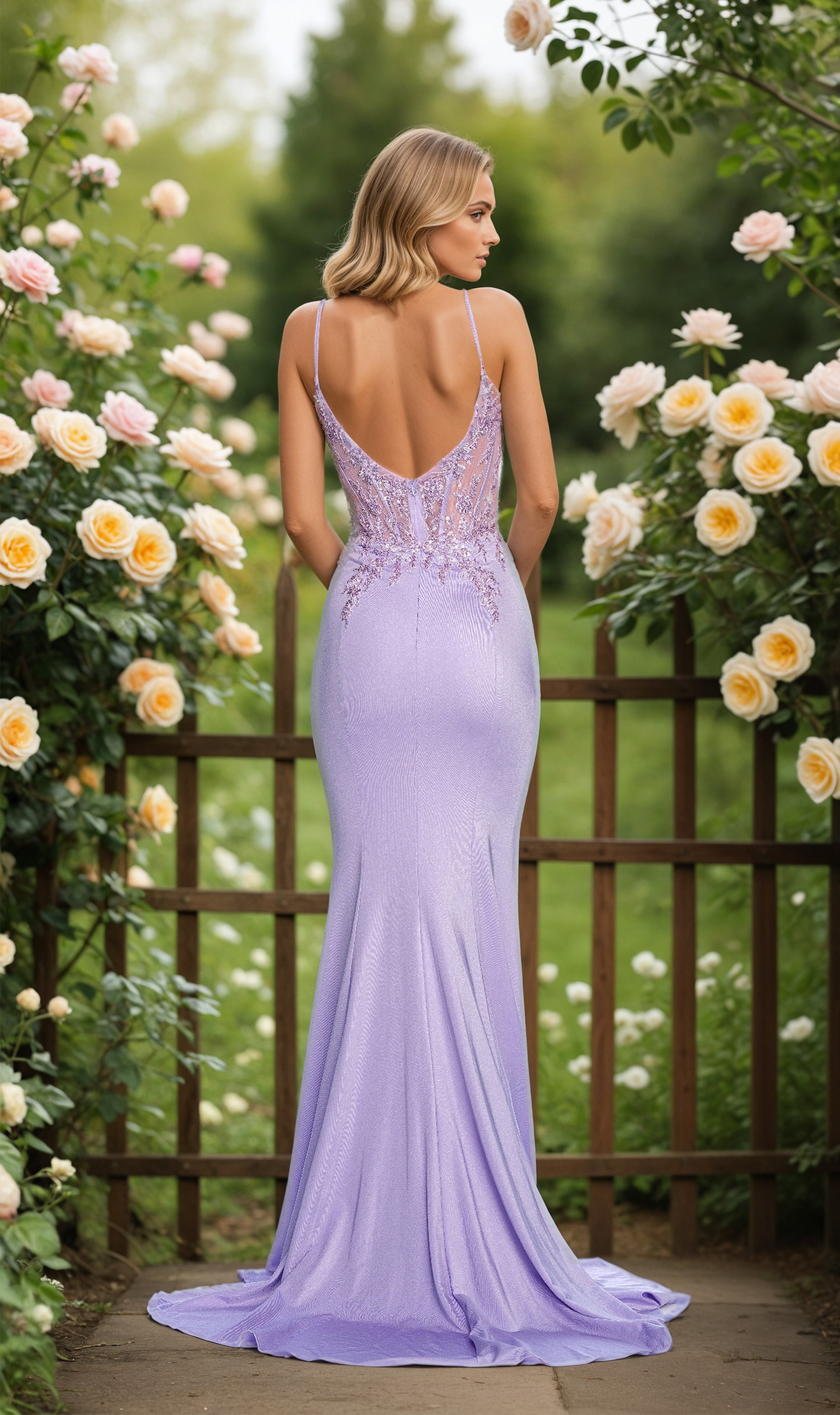 A woman wearing the Dave & Johnny 12333 long prom dress, featuring a light purple sheer embroidered corset bodice and low back, stands in a garden of blooming pale yellow roses.